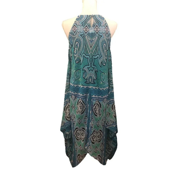 MSK Sz 6 Women's Blue Green White Black Print Sheer Handkerchief Hem Dress - Picture 9 of 9